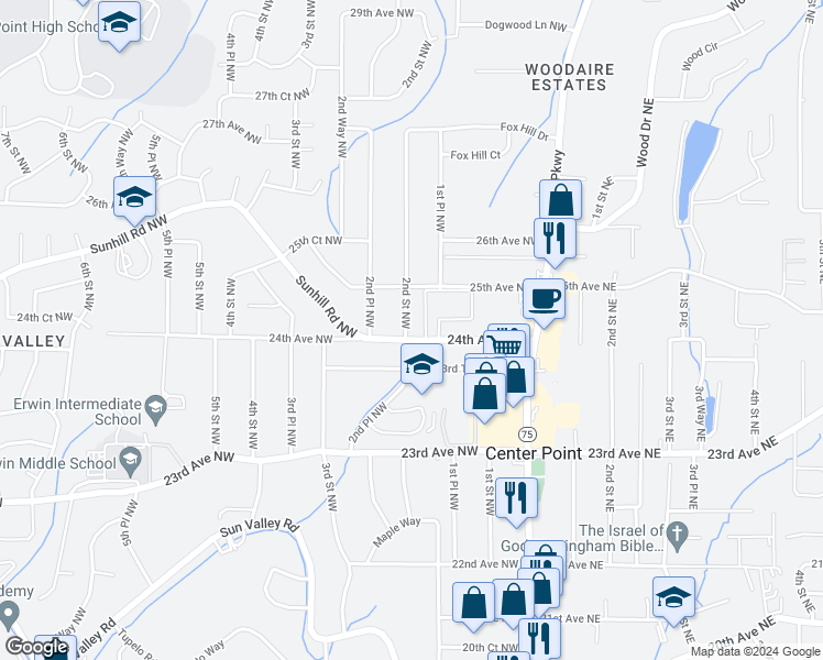 map of restaurants, bars, coffee shops, grocery stores, and more near 132 24th Avenue Northwest in Center Point