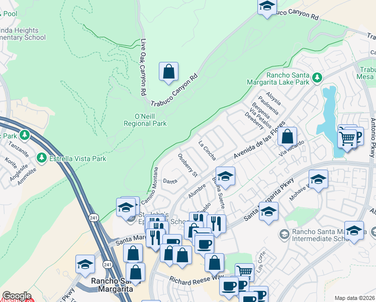 map of restaurants, bars, coffee shops, grocery stores, and more near 2 Elderberry Street in Rancho Santa Margarita