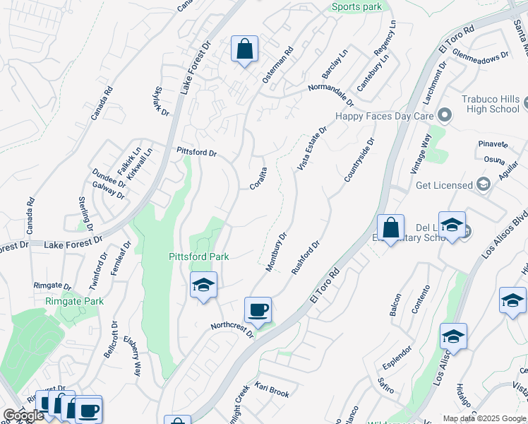 map of restaurants, bars, coffee shops, grocery stores, and more near 26541 Elmcrest Way in Lake Forest