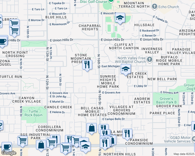 map of restaurants, bars, coffee shops, grocery stores, and more near 1534 East Charleston Avenue in Phoenix