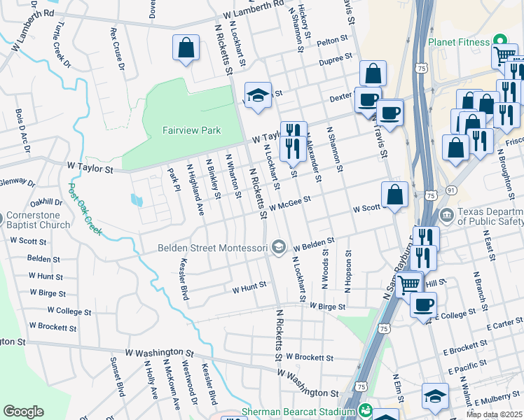 map of restaurants, bars, coffee shops, grocery stores, and more near 1600 North Ricketts Street in Sherman