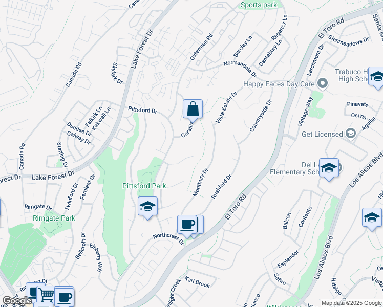 map of restaurants, bars, coffee shops, grocery stores, and more near 26541 Elmcrest Way in Lake Forest