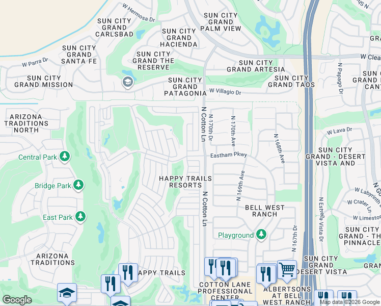 map of restaurants, bars, coffee shops, grocery stores, and more near 17168 West Roy Rogers in Surprise