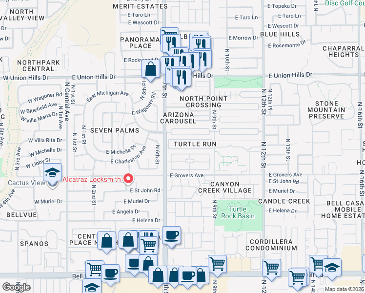 map of restaurants, bars, coffee shops, grocery stores, and more near 762 East Morningside Drive in Phoenix