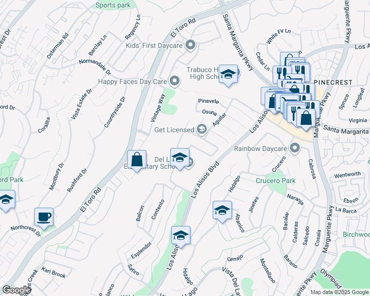 map of restaurants, bars, coffee shops, grocery stores, and more near 27241 Las Nieves in Mission Viejo