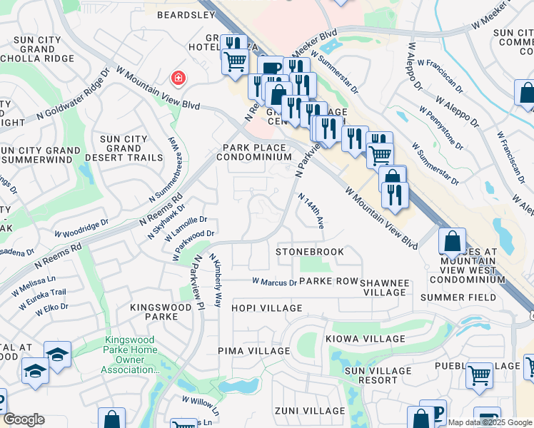 map of restaurants, bars, coffee shops, grocery stores, and more near 14581 West Parkwood Drive in Surprise