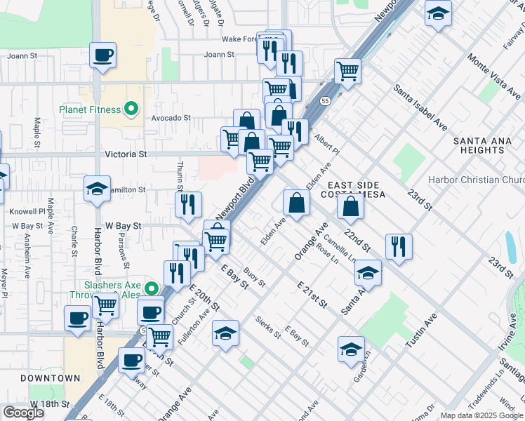 map of restaurants, bars, coffee shops, grocery stores, and more near 2150 Newport Boulevard in Costa Mesa