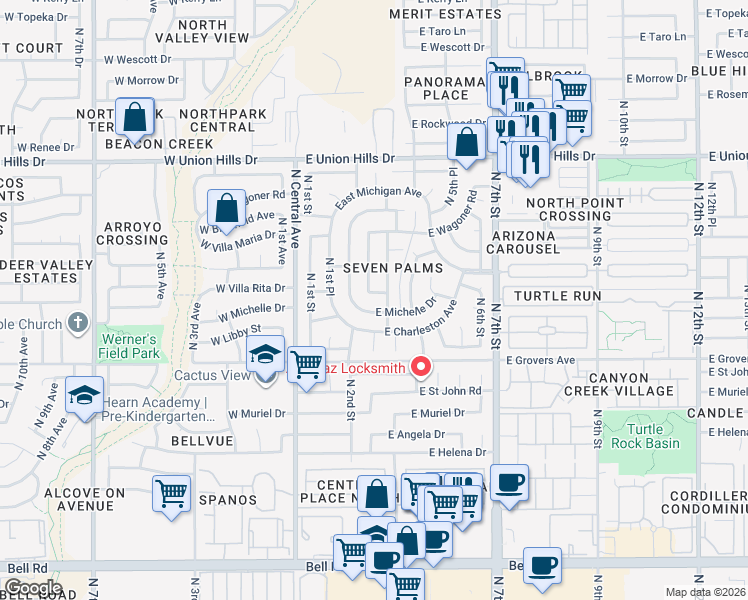 map of restaurants, bars, coffee shops, grocery stores, and more near 18003 North 2nd Street in Phoenix
