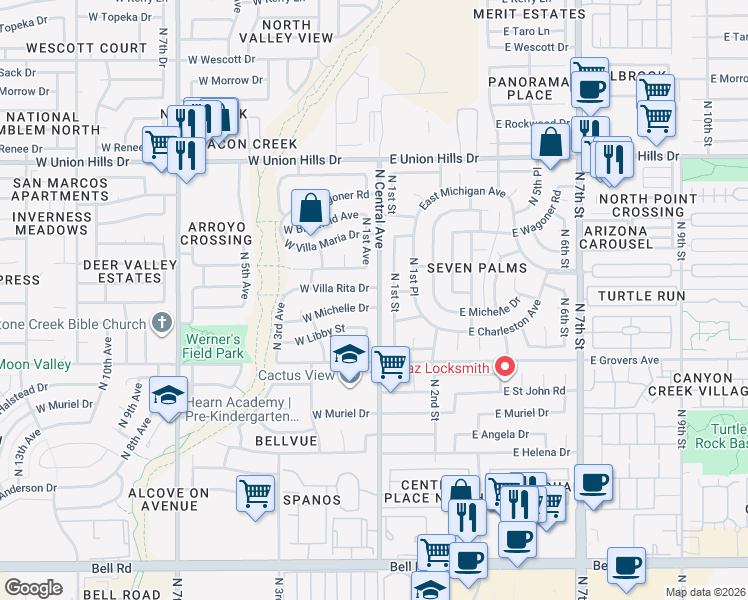 map of restaurants, bars, coffee shops, grocery stores, and more near 18010 North 1st Street in Phoenix