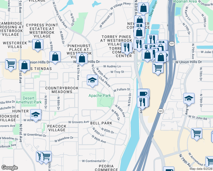map of restaurants, bars, coffee shops, grocery stores, and more near 18217 North 85th Drive in Peoria