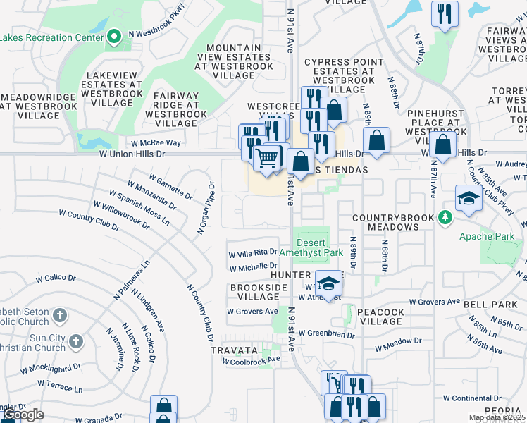 map of restaurants, bars, coffee shops, grocery stores, and more near 18170 North 91st Avenue in Peoria