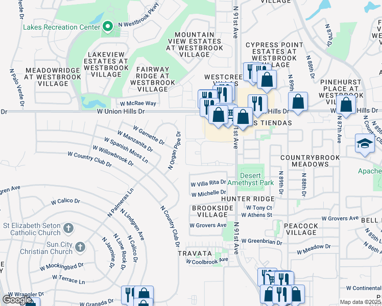 map of restaurants, bars, coffee shops, grocery stores, and more near 9260 West Apartment in Peoria