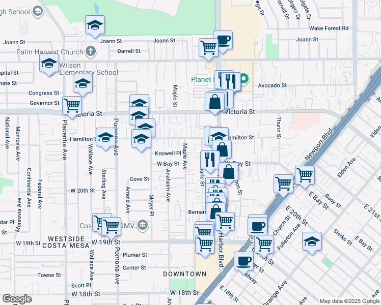 map of restaurants, bars, coffee shops, grocery stores, and more near 2063 Charle Street in Costa Mesa