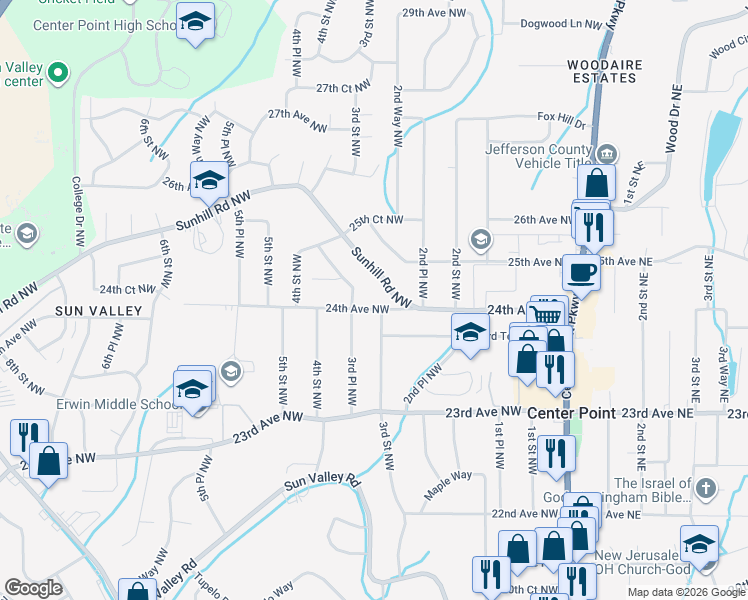 map of restaurants, bars, coffee shops, grocery stores, and more near 308 24th Avenue Northwest in Center Point