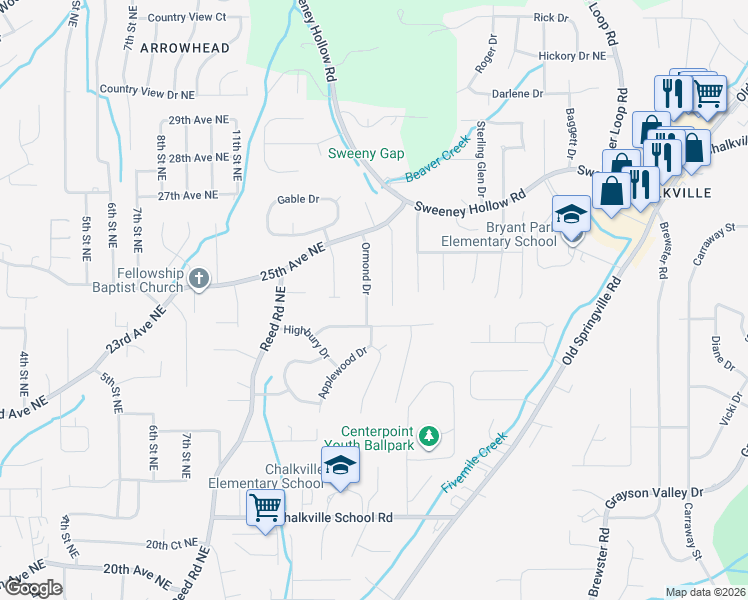 map of restaurants, bars, coffee shops, grocery stores, and more near 2400 Debbie Drive in Center Point