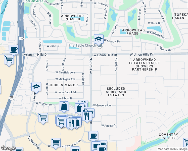 map of restaurants, bars, coffee shops, grocery stores, and more near 18215 North 75th Avenue in Glendale