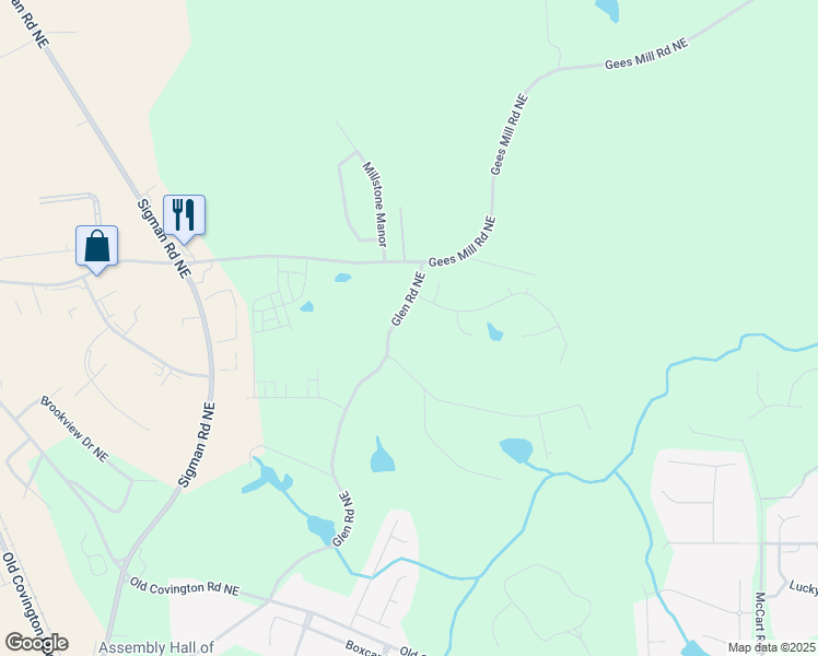 map of restaurants, bars, coffee shops, grocery stores, and more near 355 Glen Road Northeast in Conyers