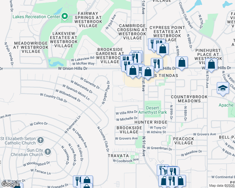 map of restaurants, bars, coffee shops, grocery stores, and more near 18172 North 91st Avenue in Peoria
