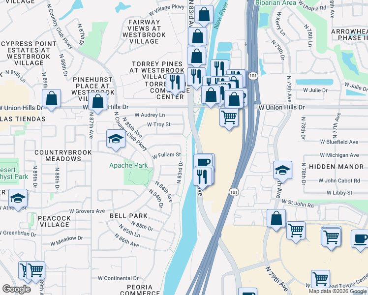 map of restaurants, bars, coffee shops, grocery stores, and more near 8338 West Fullam Street in Peoria
