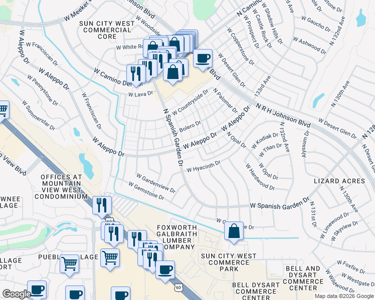 map of restaurants, bars, coffee shops, grocery stores, and more near 13539 West Aleppo Drive in Sun City West