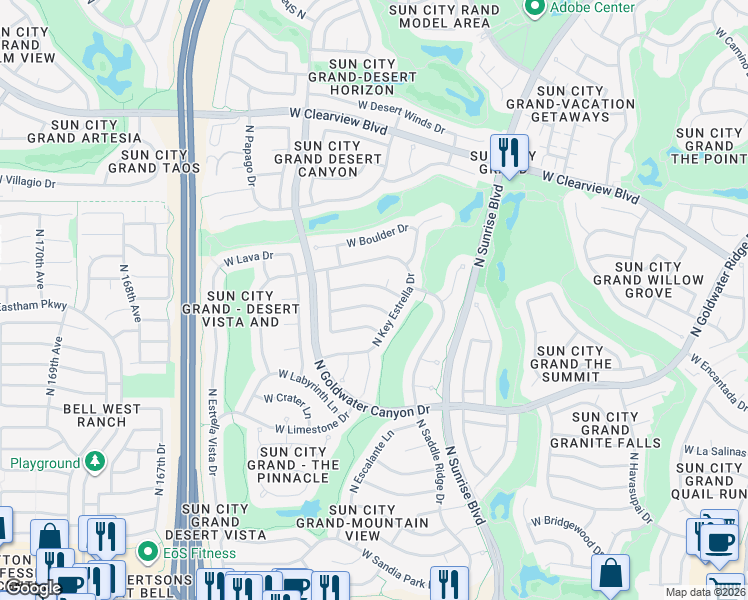 map of restaurants, bars, coffee shops, grocery stores, and more near 16229 West Mountain Pass Drive in Surprise