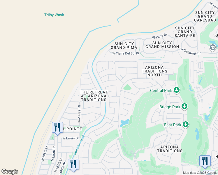 map of restaurants, bars, coffee shops, grocery stores, and more near 18172 North Coconino Drive in Surprise