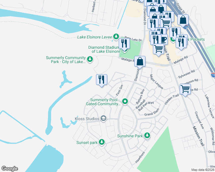 map of restaurants, bars, coffee shops, grocery stores, and more near 29226 Saint Andrews in Lake Elsinore