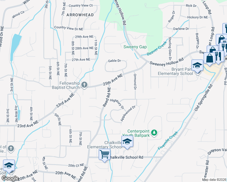 map of restaurants, bars, coffee shops, grocery stores, and more near 2512 Reed Road Northeast in Center Point