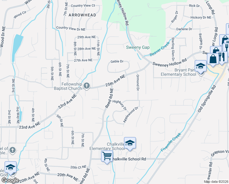 map of restaurants, bars, coffee shops, grocery stores, and more near 2512 Reed Road Northeast in Center Point