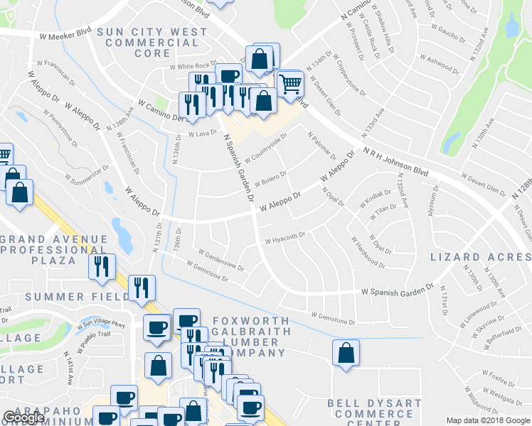 map of restaurants, bars, coffee shops, grocery stores, and more near 13539 West Aleppo Drive in Sun City West