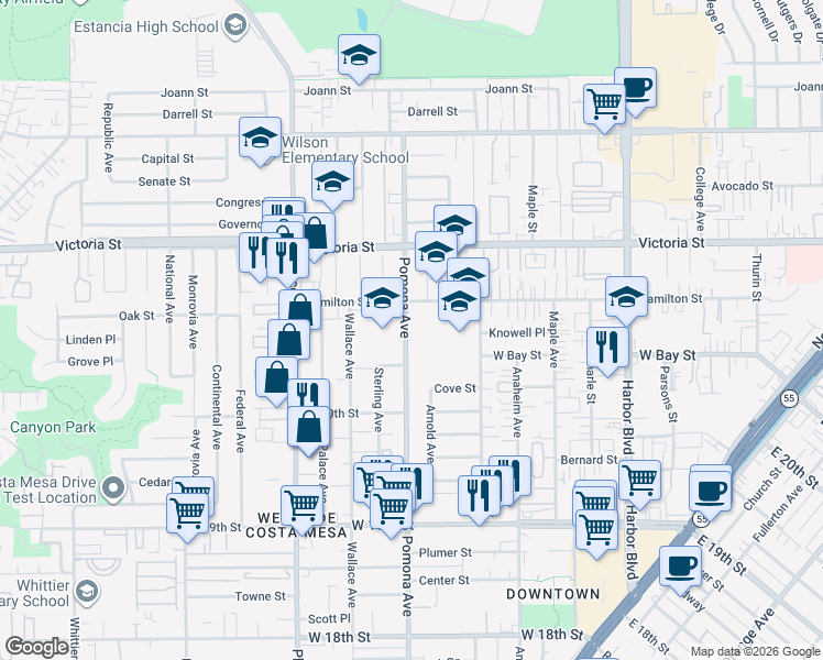 map of restaurants, bars, coffee shops, grocery stores, and more near 2074 Pomona Avenue in Costa Mesa