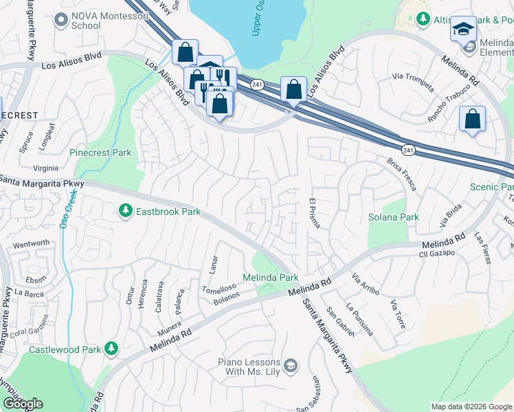 map of restaurants, bars, coffee shops, grocery stores, and more near 21527 Paseo Palmetto in Mission Viejo