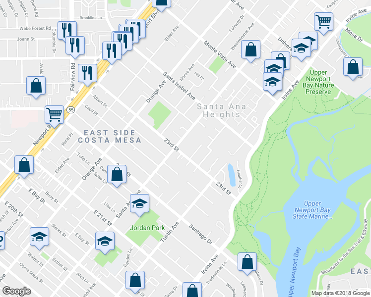 map of restaurants, bars, coffee shops, grocery stores, and more near 2310 Santa Ana Avenue in Costa Mesa