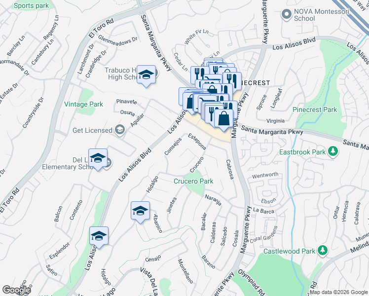 map of restaurants, bars, coffee shops, grocery stores, and more near 27651 Soltero in Mission Viejo