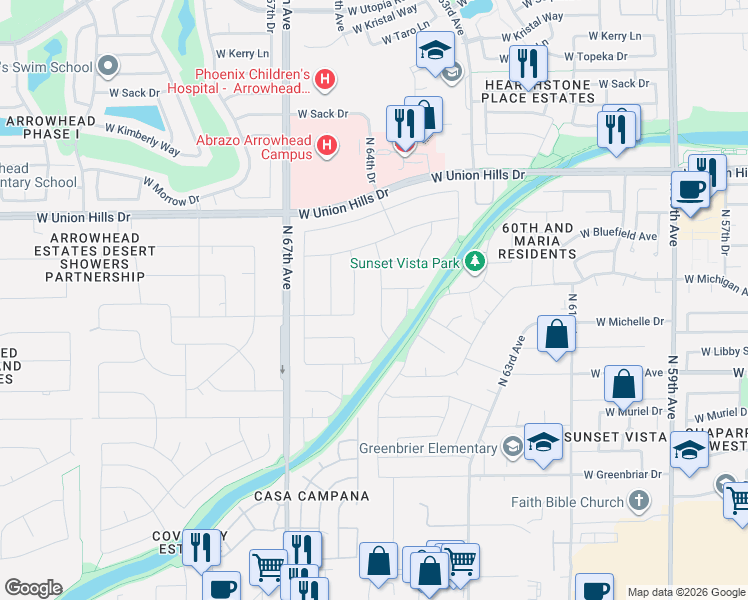 map of restaurants, bars, coffee shops, grocery stores, and more near 18155 North 64th Drive in Glendale