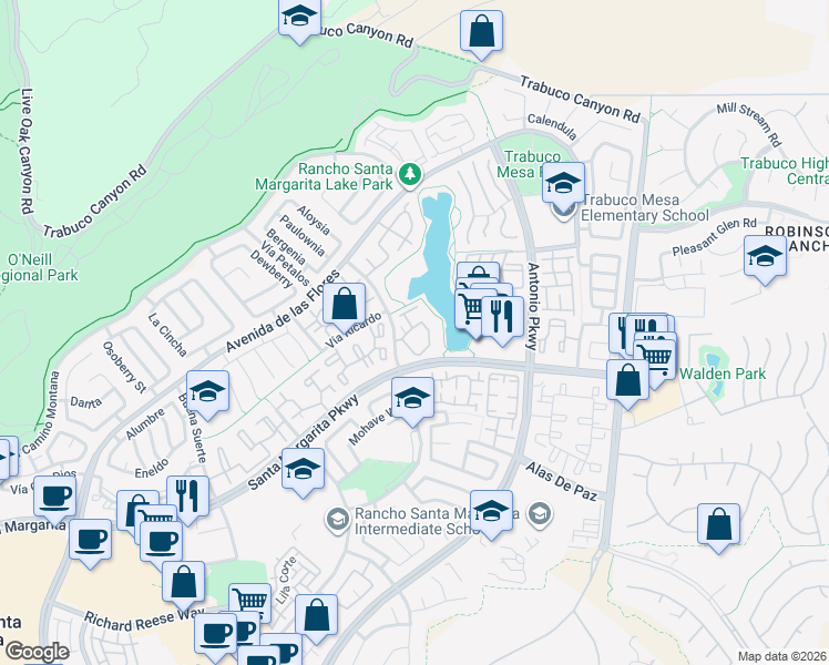 map of restaurants, bars, coffee shops, grocery stores, and more near 242 Montana Del Lago Drive in Rancho Santa Margarita
