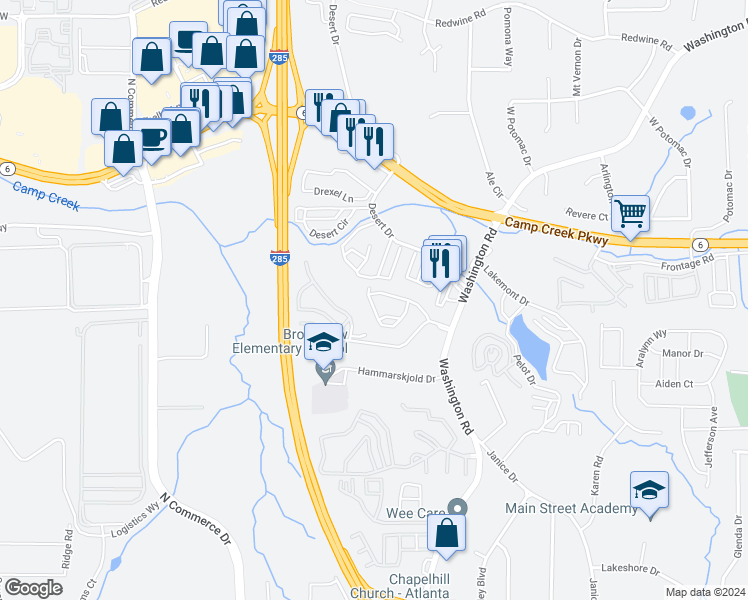 map of restaurants, bars, coffee shops, grocery stores, and more near 2849 Laurel Ridge Circle in East Point