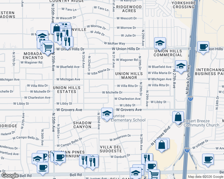 map of restaurants, bars, coffee shops, grocery stores, and more near 18001 North 31st Drive in Phoenix