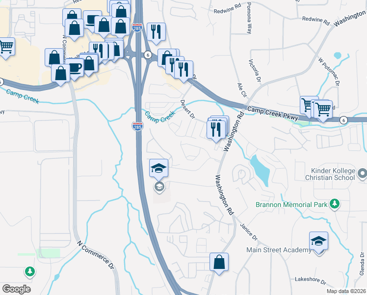 map of restaurants, bars, coffee shops, grocery stores, and more near 2841 Laurel Ridge Circle in East Point