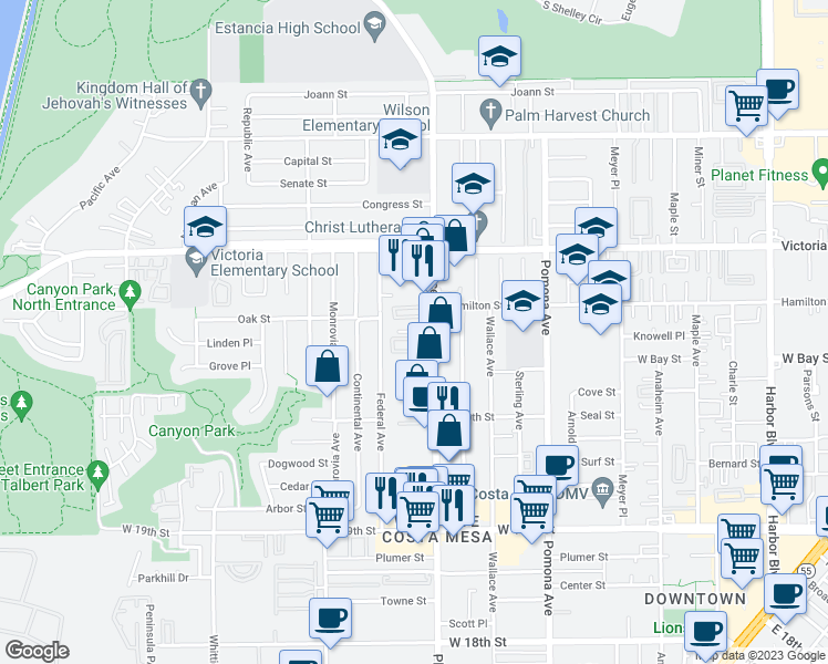 map of restaurants, bars, coffee shops, grocery stores, and more near 826 Brickyard Lane in Costa Mesa