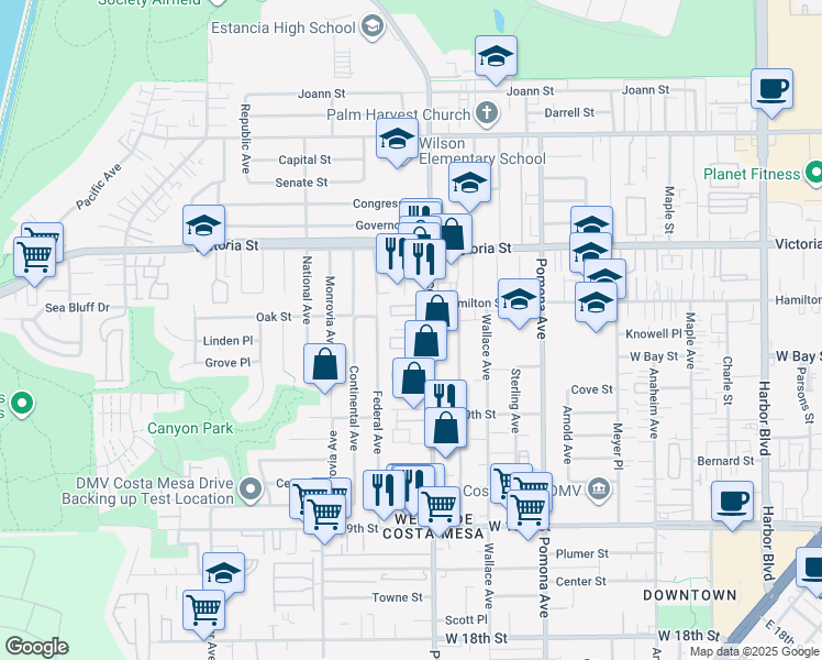 map of restaurants, bars, coffee shops, grocery stores, and more near 826 Brickyard Lane in Costa Mesa