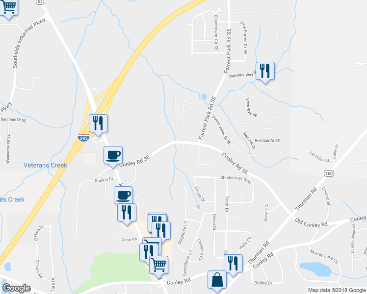 map of restaurants, bars, coffee shops, grocery stores, and more near Old Forest Park Road Southeast in Atlanta