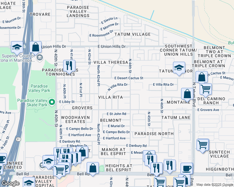 map of restaurants, bars, coffee shops, grocery stores, and more near 18001 North 43rd Place in Phoenix
