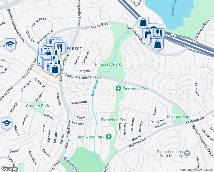 map of restaurants, bars, coffee shops, grocery stores, and more near 21541 Oakbrook in Mission Viejo