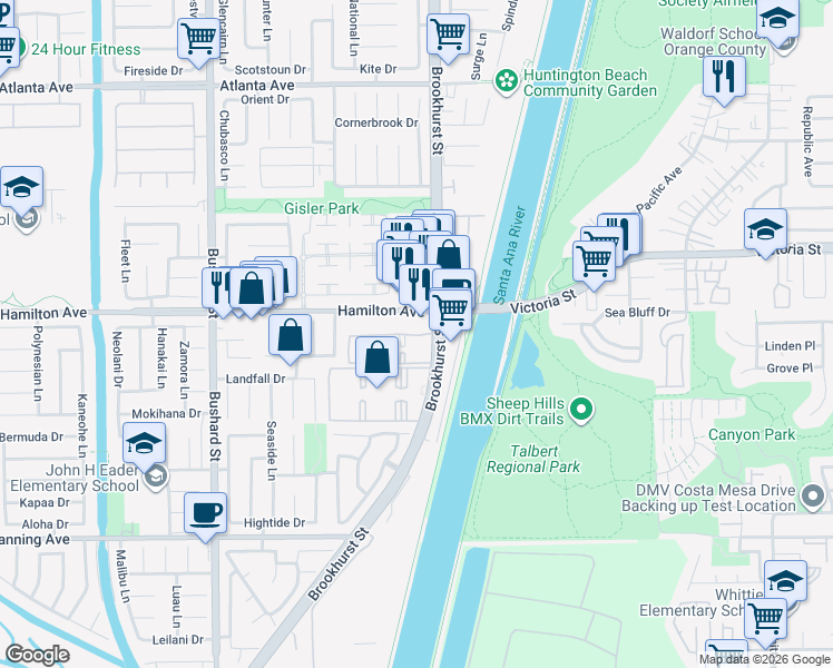 map of restaurants, bars, coffee shops, grocery stores, and more near 21551 Brookhurst Street in Huntington Beach