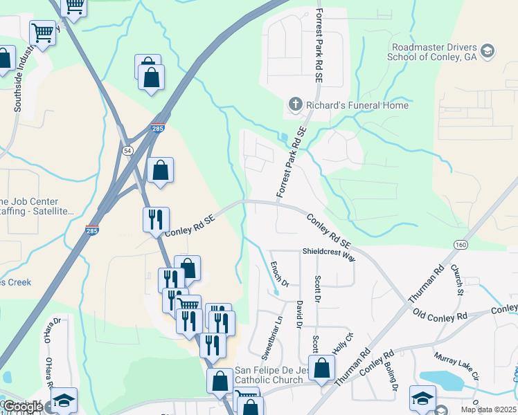 map of restaurants, bars, coffee shops, grocery stores, and more near 935 Conley Road Southeast in Atlanta