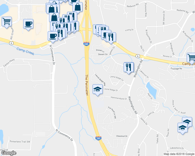 map of restaurants, bars, coffee shops, grocery stores, and more near 5600 Laurel Ridge Drive in East Point