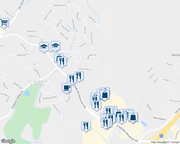map of restaurants, bars, coffee shops, grocery stores, and more near 5139 Falling Creek Lane in Birmingham