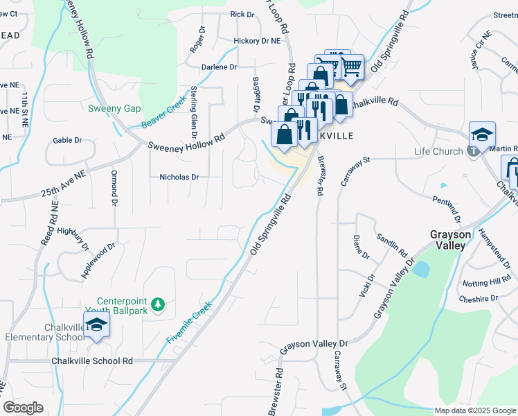 map of restaurants, bars, coffee shops, grocery stores, and more near 2366 Old Springville Road in Birmingham