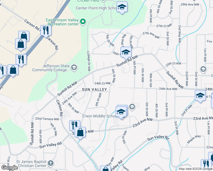 map of restaurants, bars, coffee shops, grocery stores, and more near 2401 6th Street Northwest in Center Point